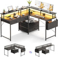 L Shaped Desk with 4 Fabric Drawers 78.7 Home Office Desk with Printer Storage Shelf &amp Power Outlet Two Person Desk with Monitor Shelf Corner Computer Desk Gaming Desk with Led Lights Black