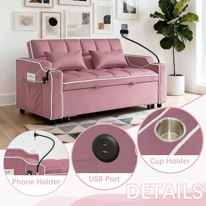 Loveseat Sofa Bed with USB Ports Phone Holder &amp Cup Holders | Convertible Futon Couch for Small Spaces Pull-Out Sleeper Sofa for Living Room &amp Apartments (Pink)