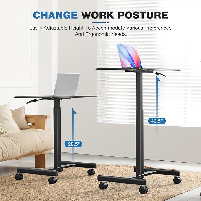 Rolling Laptop Stand Small Standing Desk with Wheels Adjustable Height Rolling Table with Metal Base Lockable Catsers Computer Rolling Table for Couch Home Office 25.7'' × 19'' Black
