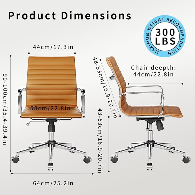 Ergonomic Office Chair with Lumbar Support Adjustable Swivel Mid Back Desk Chair PU Leather Computer Task Chair for Home Office 360° Rolling Terracotta
