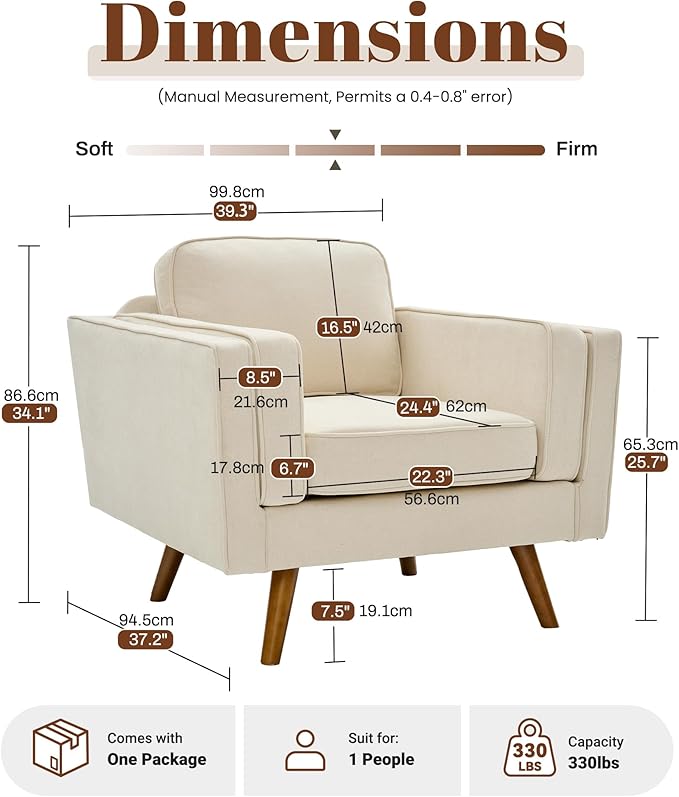 Kingfun Modern Accent Chair Set of 2 Living Room Chairs Chenille Reading Armchair Mid Century with Dual-Layer Armrests Solid Wood Frame Easy Assembly for Small Spaces Beige