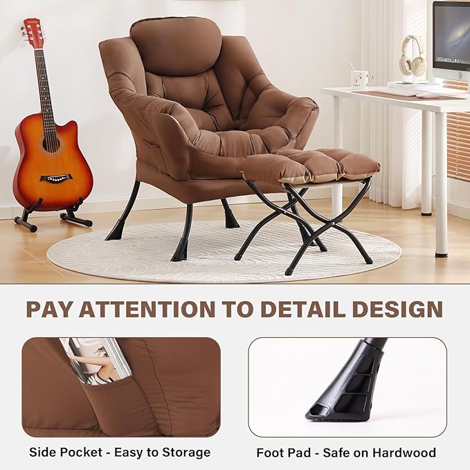 Tiita Lazy Chair with Ottoman Brown Modern Large Accent Chair Comfy Leisure Sofa Armchair with Ottoman Reading Chair with Footrest for Bedroom Living Room Dorm Rooms Brown