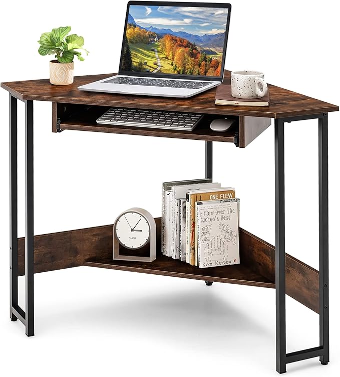 MEDIMALL Triangle Computer Desk Small Corner Writing Table with Power Outlets Keyboard Tray &amp Storage Shelf Strong Metal Frame Home Office Workstation Gaming Desk for Small Spaces Rustic Brow