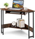 MEDIMALL Triangle Computer Desk Small Corner Writing Table with Power Outlets Keyboard Tray &amp Storage Shelf Strong Metal Frame Home Office Workstation Gaming Desk for Small Spaces Rustic Brow