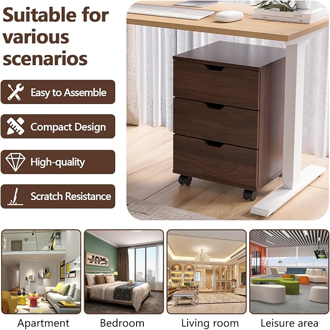 3-Drawer Mobile File Cabinet with Wheels Rolling Under Desk Wood Storage Cabinet Vertical Filing Organizer with Locking Casters for Home &amp Office (Fully AssembledBrown)
