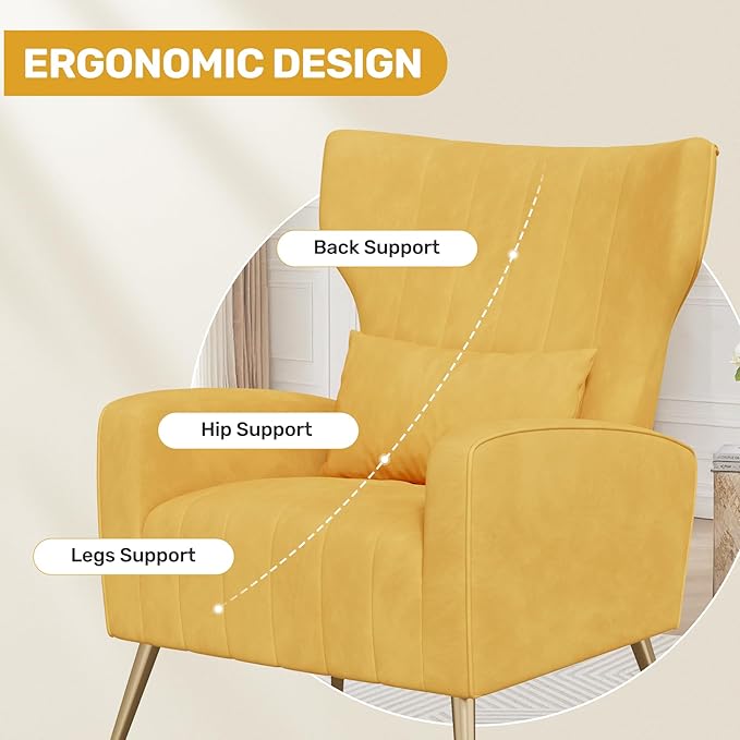Nalupatio Modern Accent Chairs for Set of 2 Upholstered Velvet Fabric Reading Chair Mid Century Arm Chair Comfy Armchair for Living RoomYellow