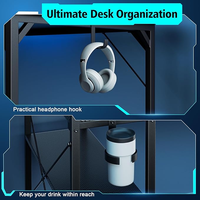55 Inch Gaming Desk with LED Light Computer Desk with Reversible Storage Shelves and Power Outlets for Home Office Black
