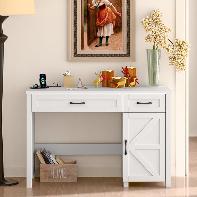Farmhouse 47 Executive Desk Computer Desk with Drawers and Storage Cabinet Workstation Computer Desk for Home Office Study.Cream White