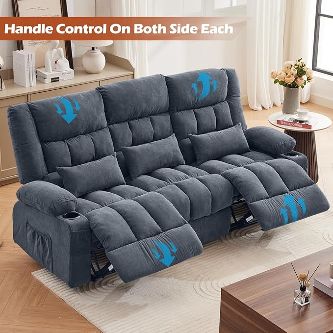 Recliner Sofa with Cup Holders for Living Room 3 Seat Manual Oversized Recliner Chiar with Ergonomic Side Pocket for Adult