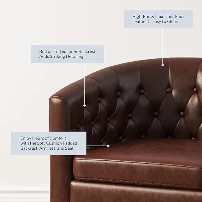 BELLEZE Accent Barrel Arm Chair Modern Comfy Upholstered Tufted Club Chair with Sturdy Legs and Linen Fabric for Bedroom Living Room - Caramel