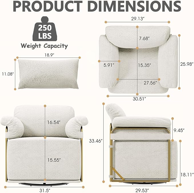 Swivel Accent Chairs 360 Swivel arm Chairs for Bedroom Club Chair with Back Gold Frame Tall Base for Office and Living Room (Beige)