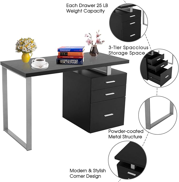 47.5 Office Desk Home Computer Desk with Reversible File Cabinet with Sliding Track Drawers Wooden Laptop Table with Metal Leg for Study Work