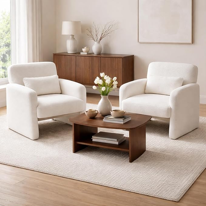 Velvet Accent Chair Set of 2 Modern Upholstered Armchair Teddy Velvet Comfy Padded Reading Chairs for Bedroom Single Sofa Chair with Wood Frame