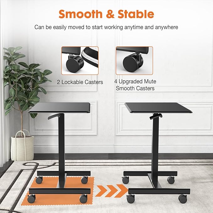 Sweetcrispy Small Mobile Rolling Standing Desk - Overbed Table Mobile Portable Rolling Laptop PC Table with Locking Wheels Adjustable Height Computer Workstation for Home Office 19 Inch Black