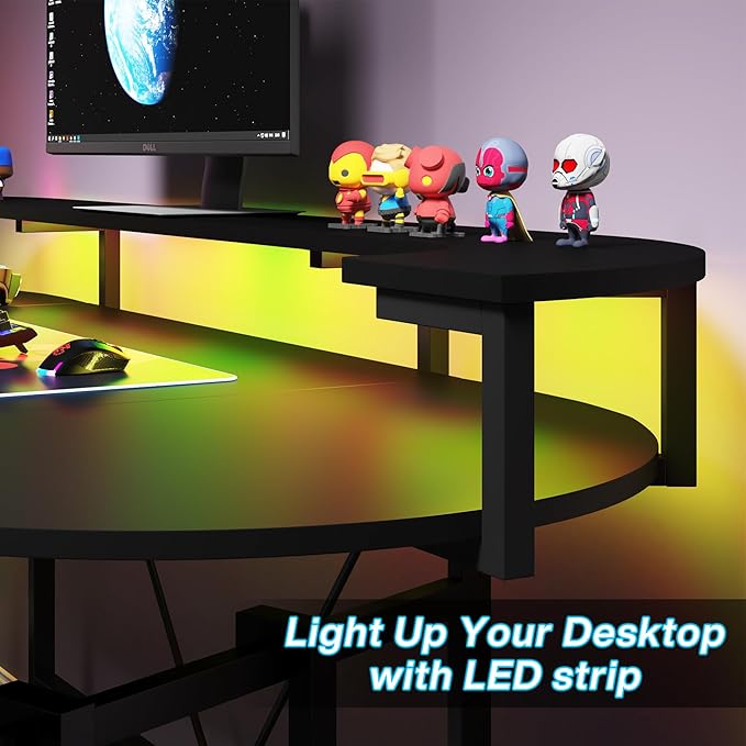 LITTLE TREE LED Gaming Desk with Monitor Shelf Carbon Fiber Surface Gaming Table Gamer Workstation for Home Office Black