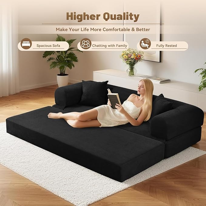 Convertible Futon Sofa Bed80 Folding Pull Out Couch with Pillows &amp Storage Pocket (Black Corduroy-30 W)