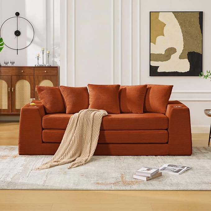 82.25 Convertible Loveseat Sleeper Sofa Bed with Side Pocket 2 in 1 Corduroy Pull Out Bed with 5 Pillows Boneless Couch with 2 Cup Holders and Wide Armrest No Assembly Orange