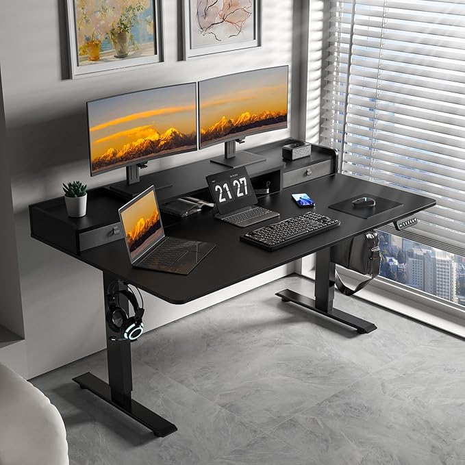 63 x 30 Inch Electric Standing Desk with 2 Drawers Adjustable Height Widened Stand Up Desk with Storage Sit to Stand Ergonomic Workstation for Home Office Classic Black
