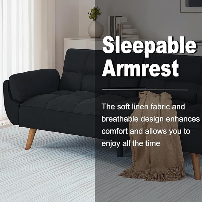 Convertible Futon Couch Bed Sleeper Sofa Bed with Adjustable Backrests Linen Loveseat Sofa 3 Seater Comfy Couch for Small Spaces Living Room Bedroom(Black 75)