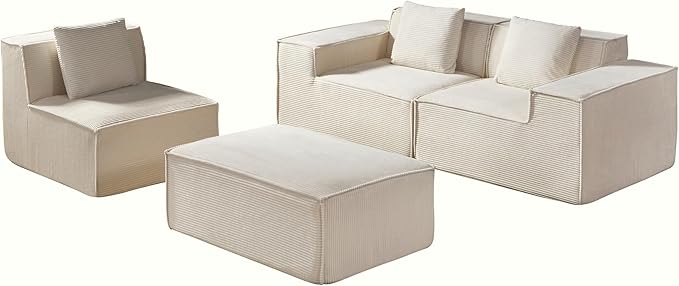 Rowan Convertible Corduroy Sectional Couch with Ottoman &amp Pillows Modular L Shaped Sleeper Sofa Boneless Cloud Couch for Living Room Furniture Beige