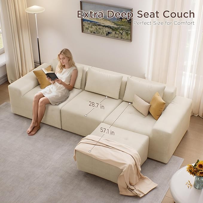 Maupvit 108 Modular Sectional Sofa Modern Cloud Couch L-Shaped Convertible Sleeper Sofa Bed with Movable Ottoman Deep Seat Boneless Comfy 3 Seater Couches for Living Room Beige | Breathable materi