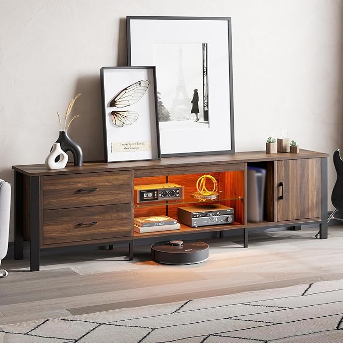Bestier TV Stand for 75/80/85 inch TV LED Gaming Entertainment Center Modern TV Cabinet with Glass Shelves for Living Room Media Console with 2 Storage Drawers &amp Cabinets for Bedroom Walnut