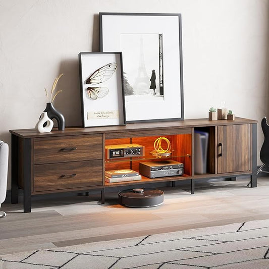 Bestier TV Stand for 75/80/85 inch TV LED Gaming Entertainment Center Modern TV Cabinet with Glass Shelves for Living Room Media Console with 2 Storage Drawers &amp Cabinets for Bedroom Walnut