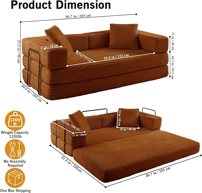 81'' Futon Sofa Bed Folding Floor Couch Bed Corduroy Fabric Boneless Couch Compressed Boneless Sofa in a Box Comfy Sleeper for Living Room-Orange