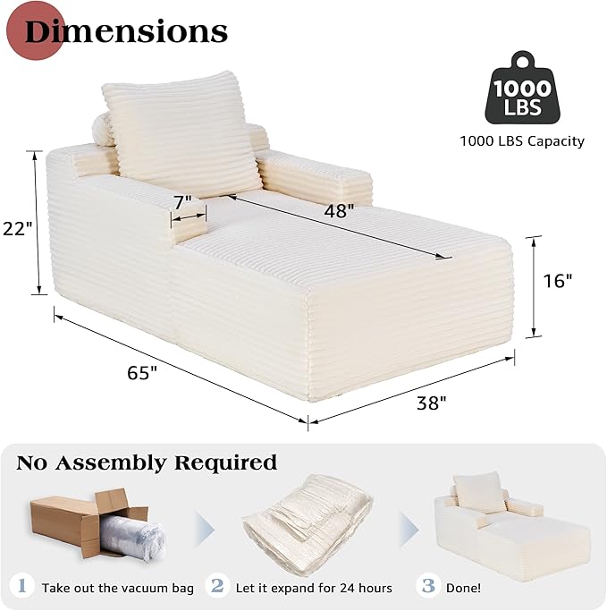 VanAcc 65 Chaise Lounge Sofa Luxury Corduroy Sleeper Chaise with Armrests and Throw Pillows No-Assembly Couch for Living Room or Apartment White