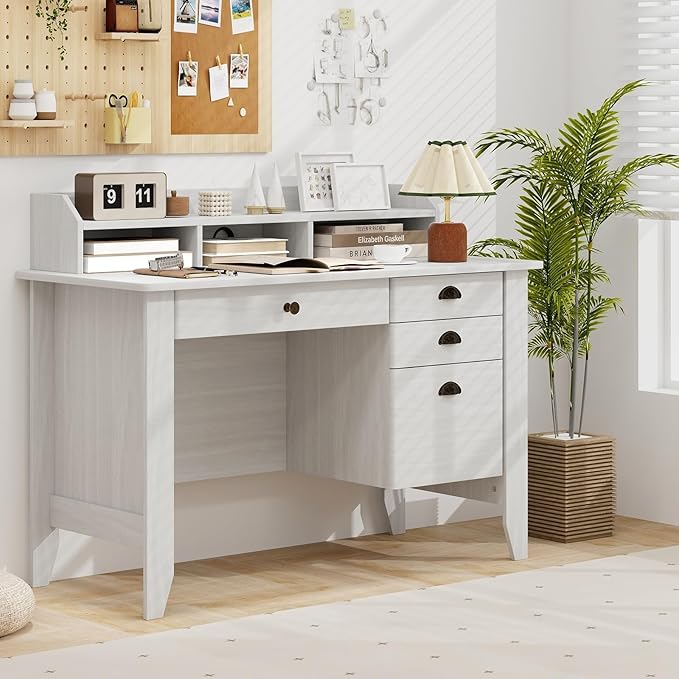 Safeplus 48 Computer Desk with 4 Storage Drawers and Hutch Wood Executive Table for PC Laptop