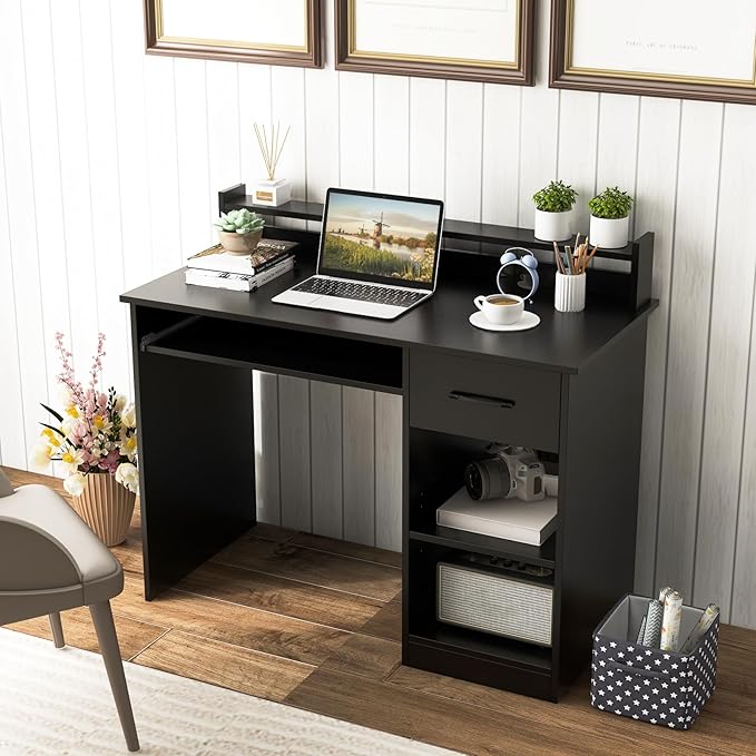 GOFLAME Computer Desk Home Office Desk with Large Drawers Hutch Keyboard Tray 5-Position Adjustable Open Shelves Easy Assembly Writing Desk for Bedroom Small Space Living Room Black