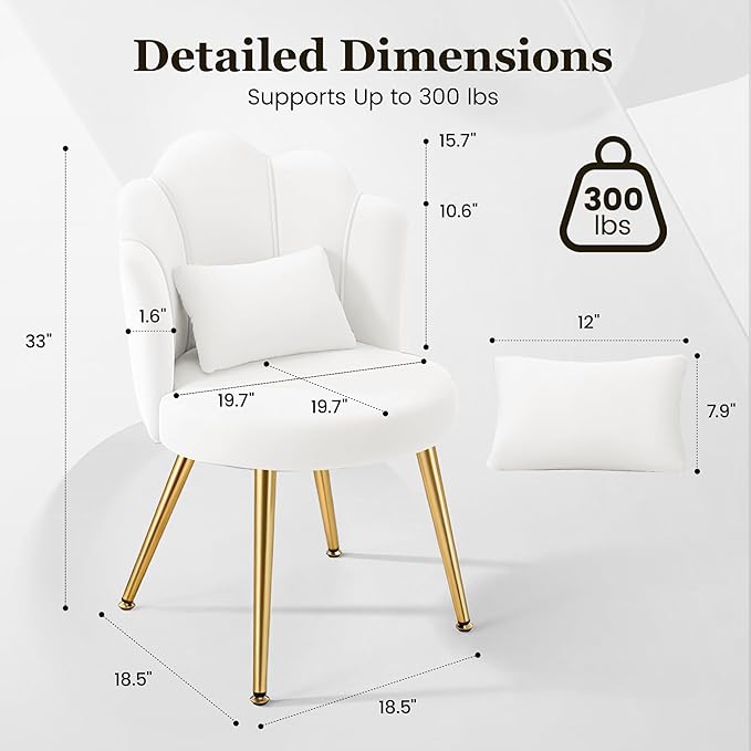 Petal Makeup Vanity Chair with Back Flower Chair Comfy No Wheels for Girls Women Makeup Chair with Golden Metal Legs &amp Lumbar Pillow for Living Room/Makeup Room/Bedroom/Home Office - White