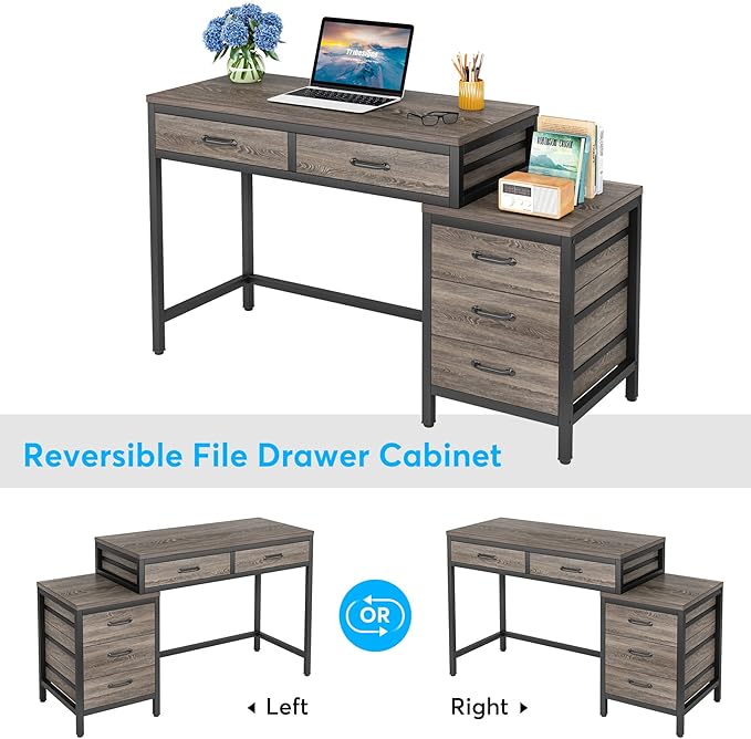 Little Tree 5 Drawers Computer Desk Desk with Reversible File Drawer Cabinet for Home OfficeGrey