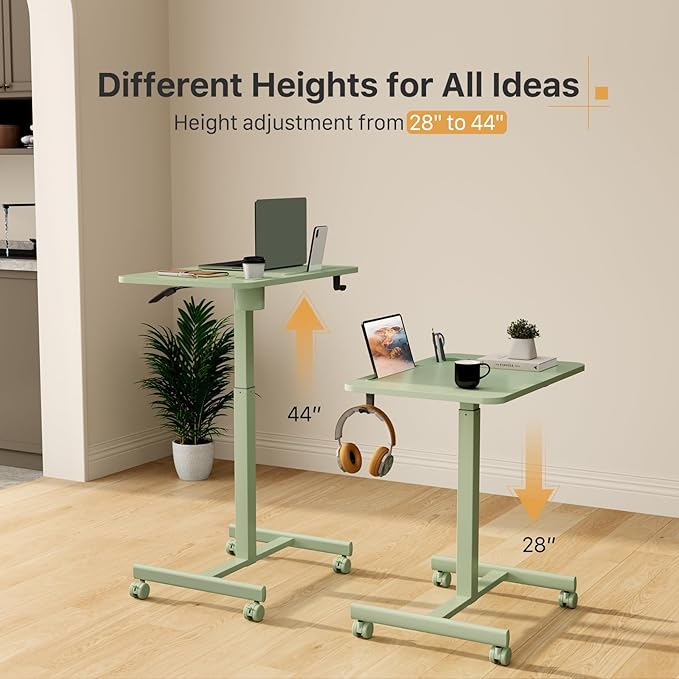 Mobile Standing Desk 28 inch Rolling Laptop Cart Adjustable Height with Cup Holder Portable Table with 4 Lockable Wheels Green Computer Workstation with Hook and Slots for Home Office