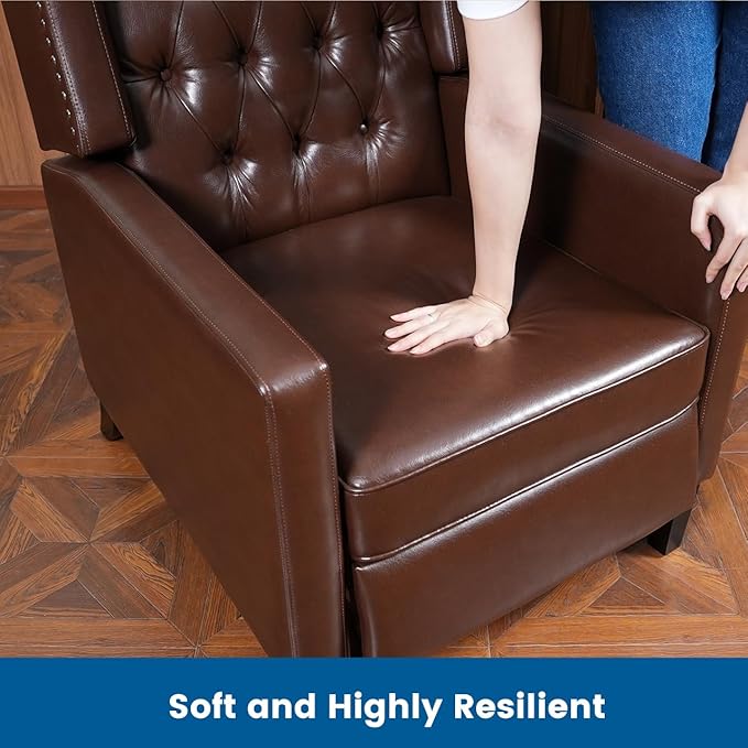 CONSDAN Recliner Chair Leather Recliner Sofa with Soft High-Resilience Cushion Living Room Chair with Button Tufting and Nailhead Trim Brown