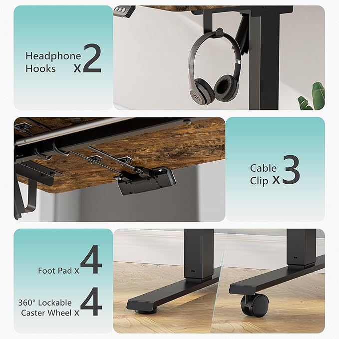 63 x 28 inch Electric Standing Desk Adjustable Height with 4 Wheels 4 Memory Height Settings 2 Headphone Hook for Home Office Splice Board Brown