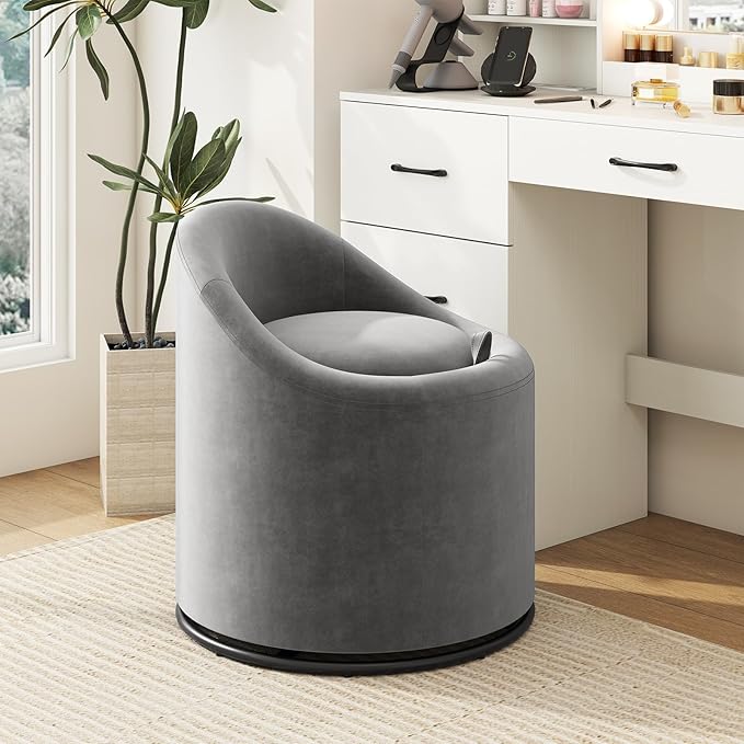 Giantex Swivel Accent Chair with Storage 360° Upholstered Vanity Chair with Backrest Velvet Modern Storage Ottoman Small Barrel Swivel Armchair for Bedroom Living Room No Assembly Grey