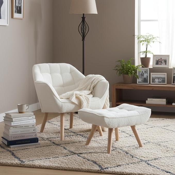 Small Accent Chair with Ottoman Sherpa Upholstered Lounge Chair with Footrest Comfy Reading Armchair with Wood Legs for Living Room Bedroom White