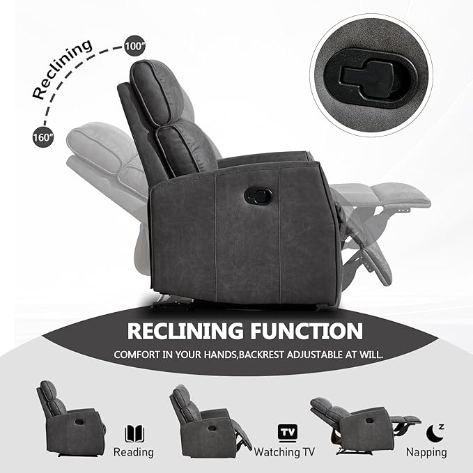EBELLO Fabric Manual Recliner Chair Modern Adjustable Lounge Reading Chair with Overstuffed Backrest Single Reclining Winback Couch for Living Room Bedroom Grey