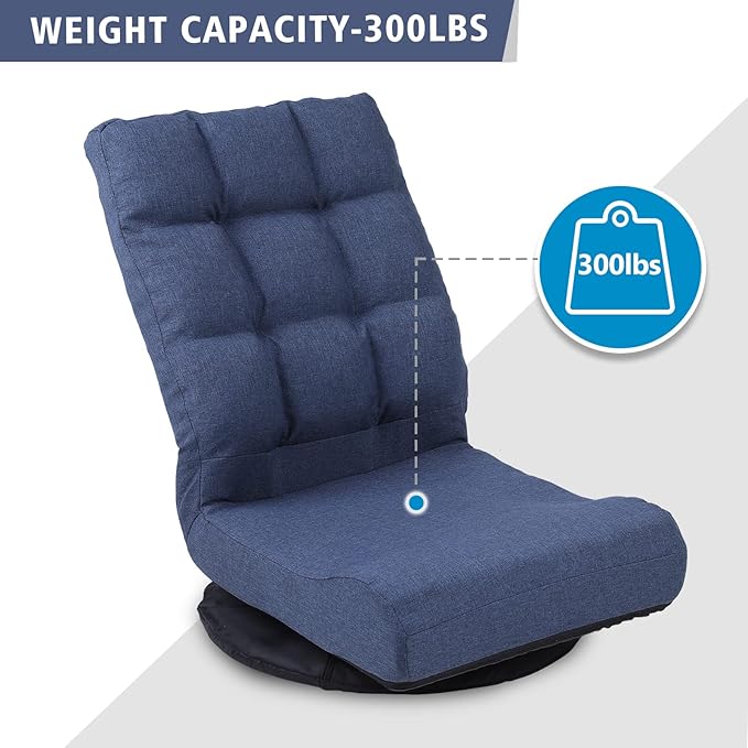 360° Swivel Floor Chair with 6-Position Backrest &amp Lumbar Support - Heavy Duty Folding Game Rocker for 300lbs Multipurpose Gaming Chair for TV Reading &amp Video Games Blue