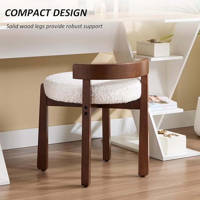 HEAH-YO Wood Vanity Chair with Back Set of 2 Sherpa Upholstered Small Ottoman Footstool Mid-Century Modern Makeup Chair with Solid Wood Legs for Makeup Room Bedroom Living Room White