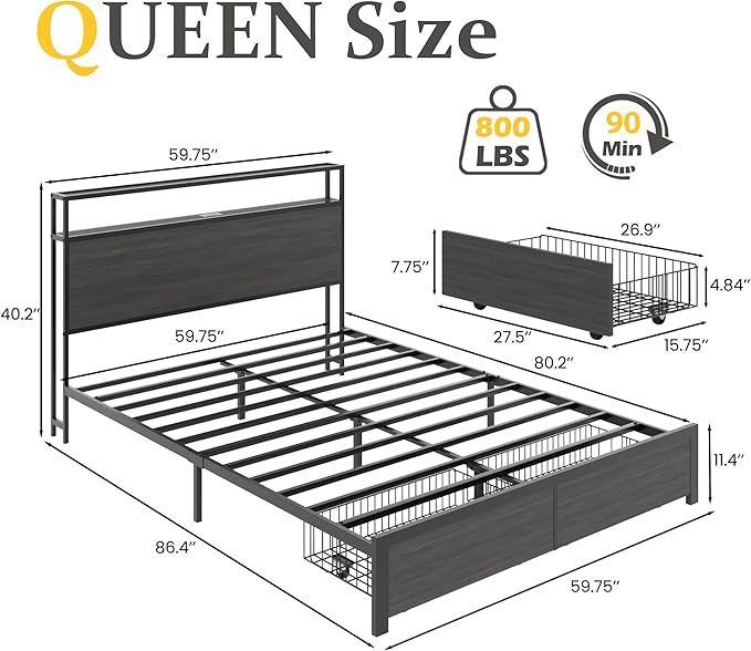 Lifezone Queen Bed Frame with 2-Tier Storage Headboard Metal Bed Frame with Storage Drawers &amp Built-in Charging Station &amp LED Noise-Free No Box Spring Needed Easy Assembly Rustic Grey