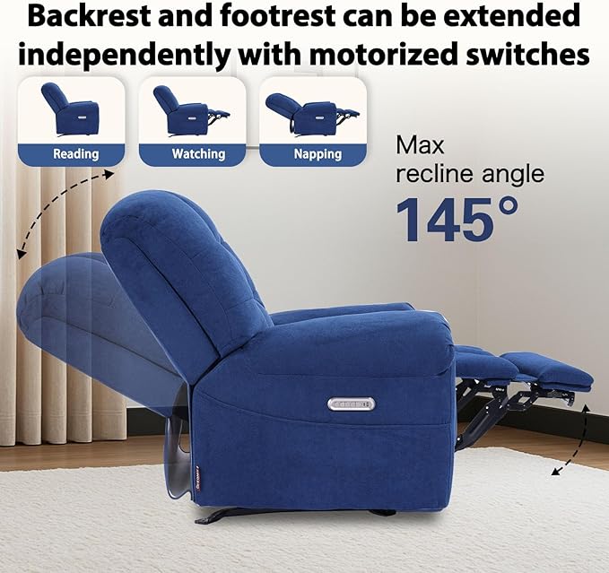EONIX Power Rocker Recliner Chair Lazy Boy Recliner Rocking Chair for Adults and Nursery Electric Recliner Chair with Heat and Massage for Living Room Bedroom Study Room Relaxation Navy Blue