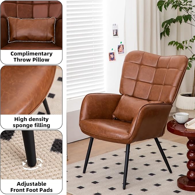 Bonded Leather Armchair Modern Accent Chair High Back Living Room Chairs with Metal Legs and Soft Padded Sofa Chairs for Home OfficeBedroomDining Room (Brown 1pc) ZO255