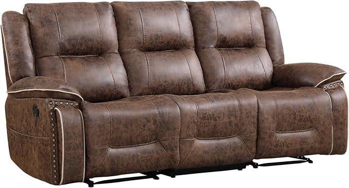 EBELLO Faux Leather Manual Recliner 3 Seater Reclining Sofa Chair 3 Seat Sofa Couch with Hidden Cup Holders Vintage Rivet Mid-Century Design for Living Room Meeting Room Brown