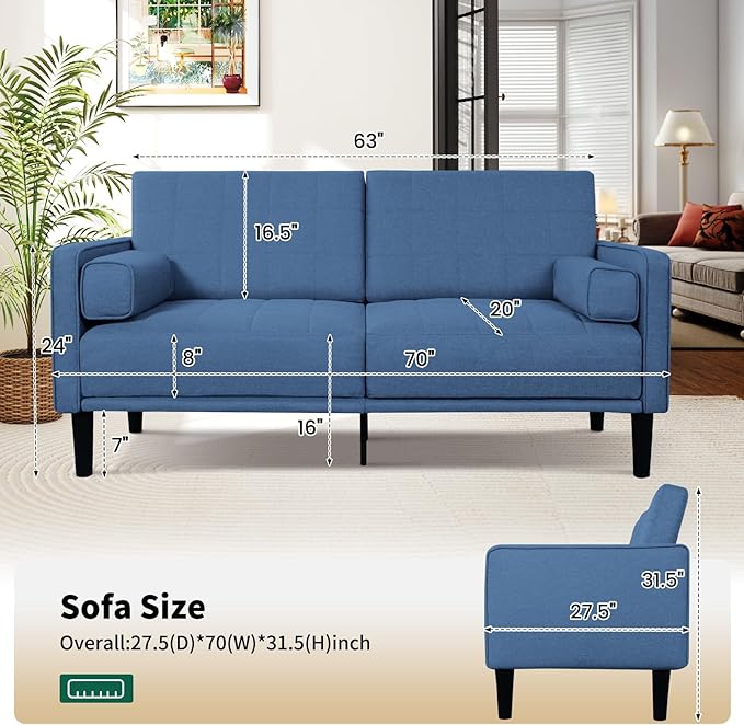 DOPEDIO 70 Sky Blue Modern Loveseat Recliner Sofa for Living Room Removable Cover Spring and High Density Foam Cushions Solid Wood Frame Easy Assembly for Small Spaces