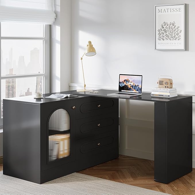 Tribesigns 78 L Shaped Computer Desk with 3 Drawers Reversible Corner Desk with Cabinet for Small Space L Shape Desk with Storage for Writing Study Work Executive (Black)