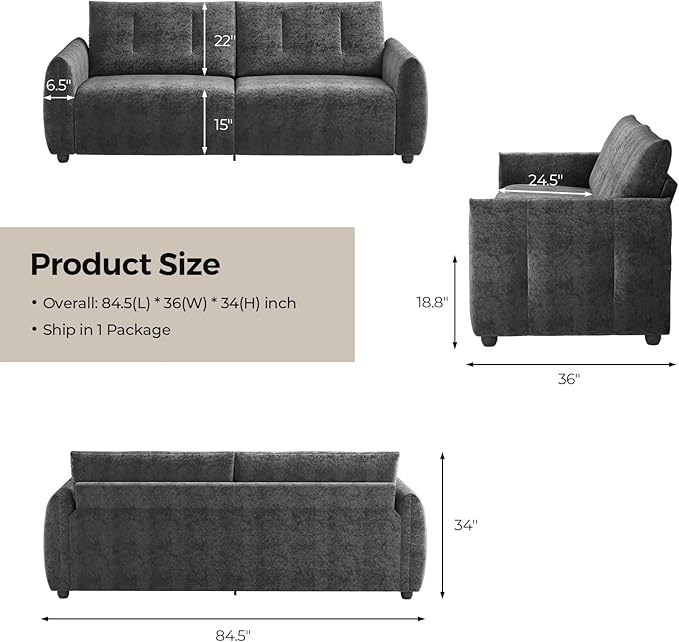 84.5 Inch Loveseat SofaModern Couch and SofaFeather-tip armrest DesignSturdy and Easy InstallationSmall Sofa for Living Room Bedroom Office and ApartmentChenille FabricGray
