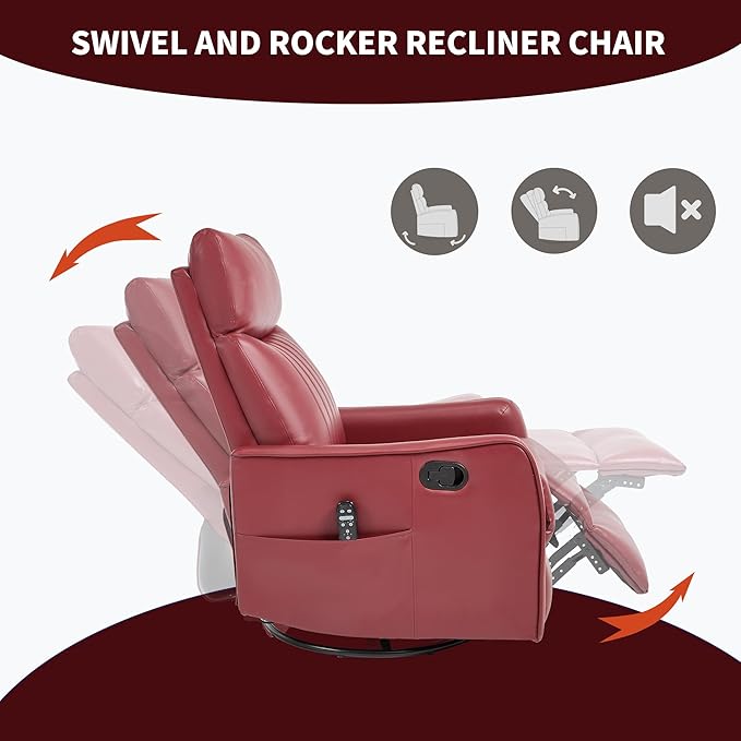 KEIKI Swivel Rocker Recliner Chair with Massage and Heated Pad for Living Room Synthetic Leather Glider with 360 Degree Rotation and Manual Recline