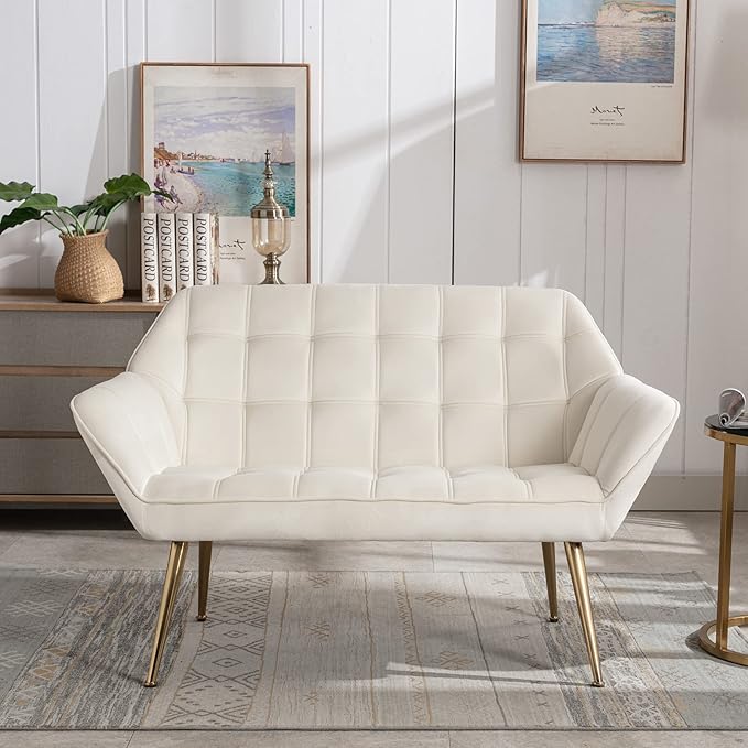 48 Small Loveseat for Small Spaces Upholstered Velvet Loveseat Sofa Mid Century Modern 2-Seater Couch with Armrest and Gold Legs for Bedroom Living Room Apartment Cream